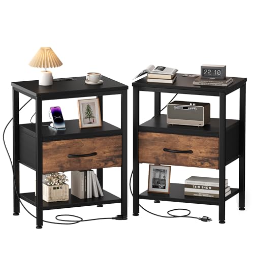DUMOS Nightstands Set of 2 with Charging Station, Bedside Table with 1 USB-A, 1 USB-C & 2 AC Outlets, Fabric Drawer with Adjustable Open Shelf, Compact End Table for Bedroom, Black & Brown - color: Black and Brown, size: 15.7"Dx11.8"Wx23.4"H(1 Drawer, 2 P