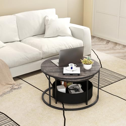 Tangkula Round Nesting Coffee Table Set of 2, Wooden Center End Table with Fabric Storage Basket & Metal Frame, Stacking Side Table for Apartment, Living Room & Bedroom (Gray & Black) - color: Gray & Black