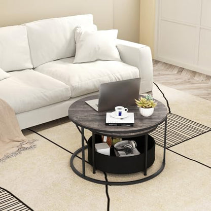 Tangkula Round Nesting Coffee Table Set of 2, Wooden Center End Table with Fabric Storage Basket & Metal Frame, Stacking Side Table for Apartment, Living Room & Bedroom (Gray & Black) - color: Gray & Black