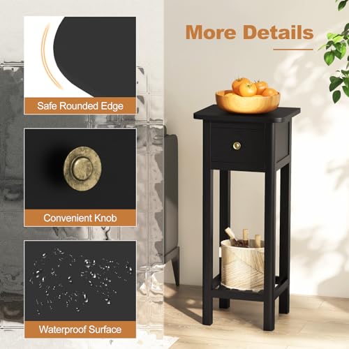 Tangkula 2-Tier Narrow Side Table with Drawer, Acacia Wood Tall End Table for Small Spaces, Farmhouse Slim Bedside Table with Open Shelf, Nightstand for Living Room, Bedroom, No Assembly (2, Black) - color: Black