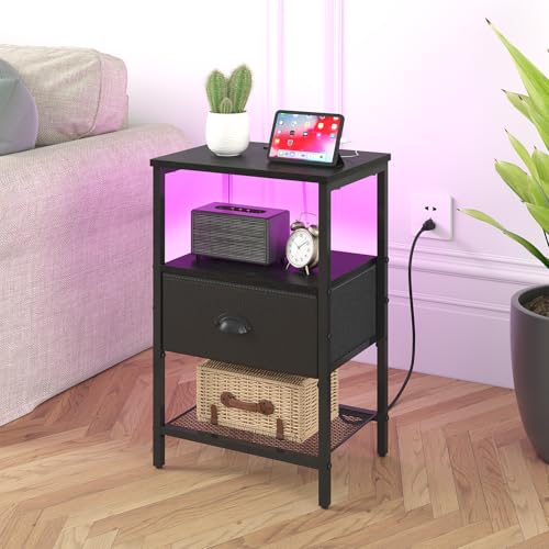 sthmec Nightstands Set of 2, LED Night Stands with Charging Station and Fabric Drawer, Bedside Tables with Drawers, 2- Tier LED Side Tables End Table Charging Station Bedroom, Black - color: Black, style: Power & LED
