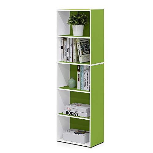 Furinno LUDER Book Shelf, 5-Tier Bookshelf, Bookcase with Open Shelves, 9.4 x 15.8 x 52, Easy Assembly, for Living Room, Bedroom, Home Office, White/Green - color: White/Green, size: 5-Tier