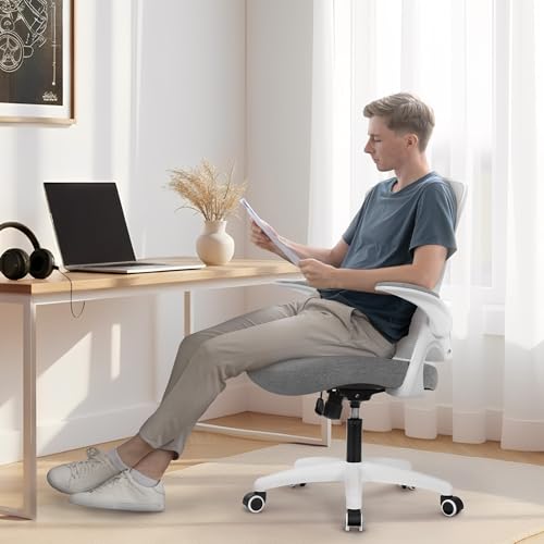 NEO CHAIR Office Desk Gaming Chair Computer High Back Mesh Seat with Rolling Wheels Ergonomic Adjustable Comfy Flip-up Armrests Lumbar Support Height for Home (Grey White Frame) - color: Grey