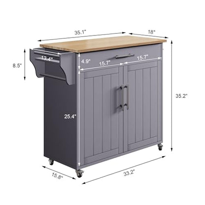 Kitchen Island with Storage, Wooden Countertop Rolling Kitchen Island On Wheels Storage Cabinet, Mobile Kitchen Island Cart with Towel Rack, Spice Rack and Drawers, Grey - color: Grey