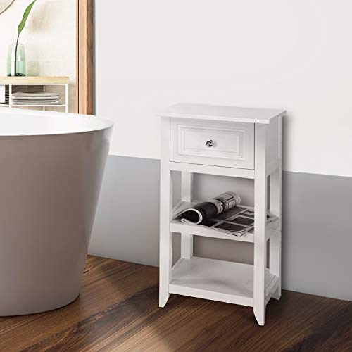 Teamson Home Dawson Side Table with Drawer and Open Shelves, White | 1 Drawer, Open Shelves, Bathroom Kitchen Bedroom Living Room Storage, Organizer