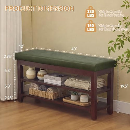 40" Faux Leather Shoe Storage Bench Entryway, Upholstered Bench with Leather Cushion, Solid Wooden 2 Tier Rack Shoe Organizer for Entry Way, Bedroom, Living Room, Green - color: Green