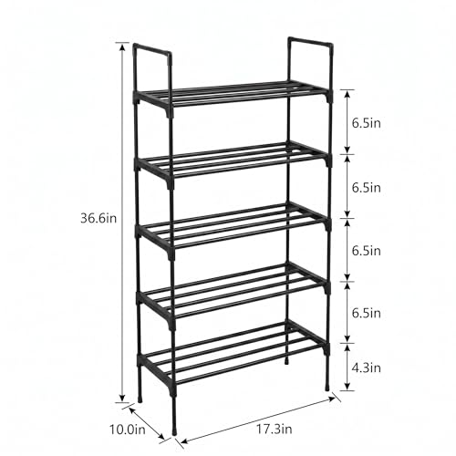 PureBox Shoe Rack, 5-Tier Shoe Storage Organizer – Holds 9-12 Pairs of Shoes, Tool-Free Assembly, Steel Frame, Space-Saving for Entryway, Closet，Living Room, Balcony, Black (17.1" x 10.2" x 36.8")