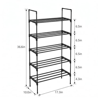 PureBox Shoe Rack, 5-Tier Shoe Storage Organizer – Holds 9-12 Pairs of Shoes, Tool-Free Assembly, Steel Frame, Space-Saving for Entryway, Closet，Living Room, Balcony, Black (17.1" x 10.2" x 36.8")