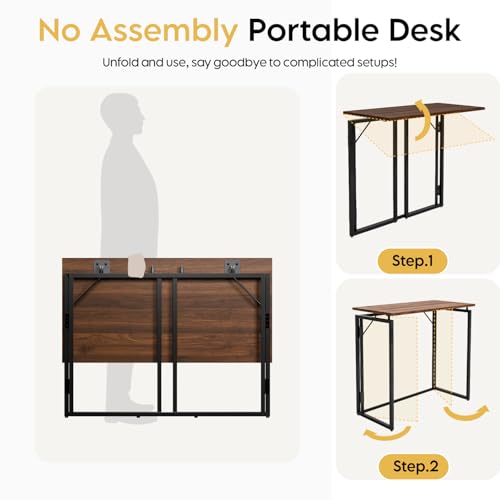 31.5" Folding Desk: No Assembly, Wood Top for Small Spaces | Home office desk, holds 150 lbs, folds flat to 2.3 in, splash-proof wood top, sturdy metal frame - color: Brown, size: 31.5"W x 15.7"D