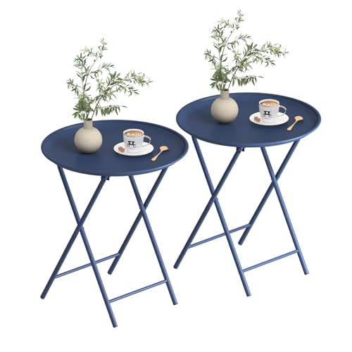 Garden 4 you Folding TV Tray Table, Metal Round Side Table, Blue Dinner Table with Metal Frame, Modern Outdoor Tray Table for Living Room, Bedroom, Patio & Small Spaces, 2 Packs - color: Blue, size: 2 PCS