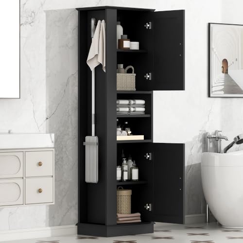 68.9''Tall Bathroom Cabinet with Storage, Freestanding Storage Organizer Unit with 2 Doors and Adjustable Shelves, Wooden Floor Cabinet with Hooks for Bathroom Laundry Room, Black - color: Black, size: 13.8"D x 20.9"W x 68.9"H