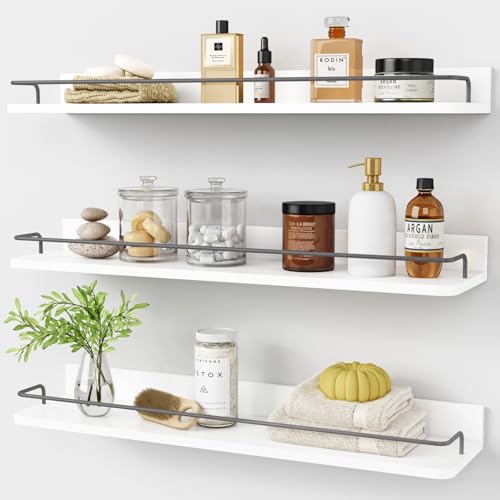 Forbena Floating Shelves for Wall 24 Inches Long, Modern White Wall Shelving Unit for Bedroom, Wood Hanging Shelf for Kitchen Bathroom Living Room Office Organizers and Storage (White and Grey) - color: White and Grey, size: 24 Inch