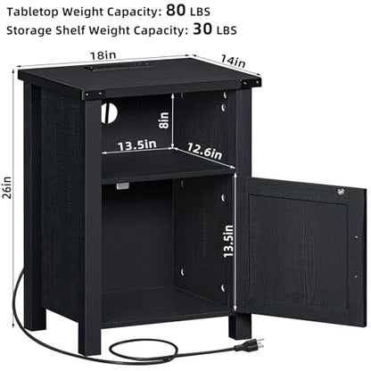 Joaxswe Night Stand, 18 Inch Farmhouse Nightstand with with Charging Station and USB Port, Rustic Couch End Table with Magnetic Door, Wood Bed Side Tables for Bedroom, Home, Black - color: Black