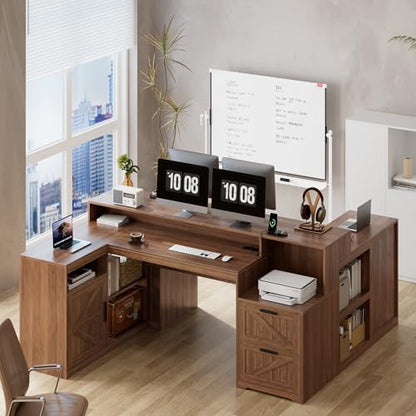 TVU Farmhouse L Shaped Desk with Drawers, 62.2" Home Office Desk with Storage Shelves and Power Outlet, L Shaped Computer Desk with Monitor Stand and Printer Shelf, Brown - color: Brown