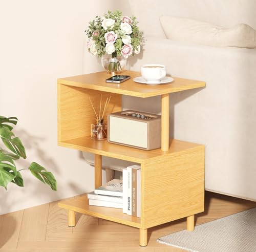 Apicizon S-Shaped Side Table, 3-Tier Nightstand with Solid Wood Legs, Slim Bedside Table with Storage Shelf, Modern End Table for Small Spaces, Bedroom, Living Room, Entryway, Natural - color: Natural