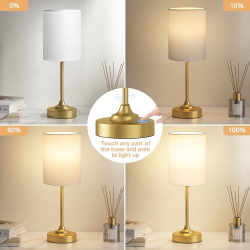 Gold Nightstand Bedroom Lamp - 3 Way Dimmable Bedside Lamp, Small Table Lamp Linen Lampshade for Office Desk, LED Bulb Included - color: White Shade-Gold Base, size: 14" Touch Control