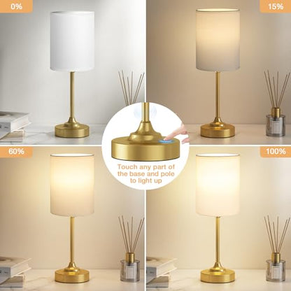 Gold Nightstand Bedroom Lamp - 3 Way Dimmable Bedside Lamp, Small Table Lamp Linen Lampshade for Office Desk, LED Bulb Included - color: White Shade-Gold Base, size: 14" Touch Control