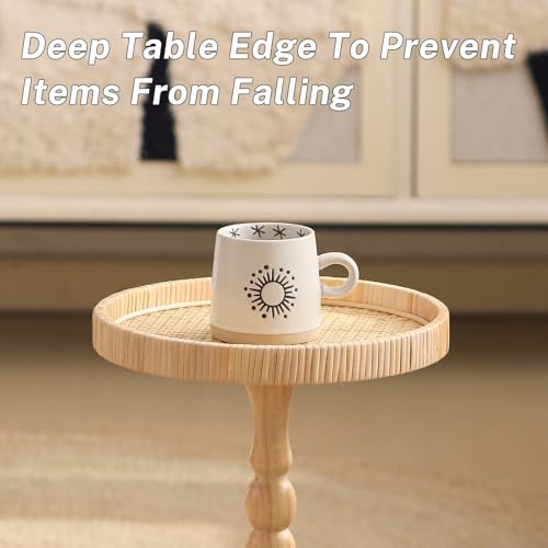 Small Side Table，Rattan Round Drink Tables for Small Spaces, Boho Circle Accent Table Coffee Table with Solid Wood Leg for Living Room, Pedestal Table for Bedroom, Corners - size: High: 21.4", style: Boho side table B