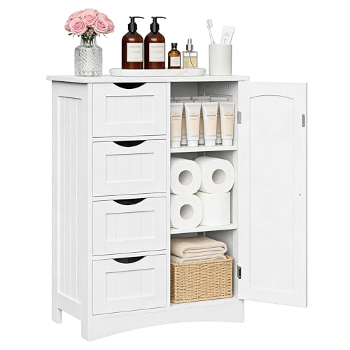ZenStyle Bathroom Floor Storage Cabinet, Freestanding Side Organizer Cabinet with 4 Drawers and 1 Cupboard, Entryway Storage Unit Storage Organizer for Bathroom, Living Room, White - color: White