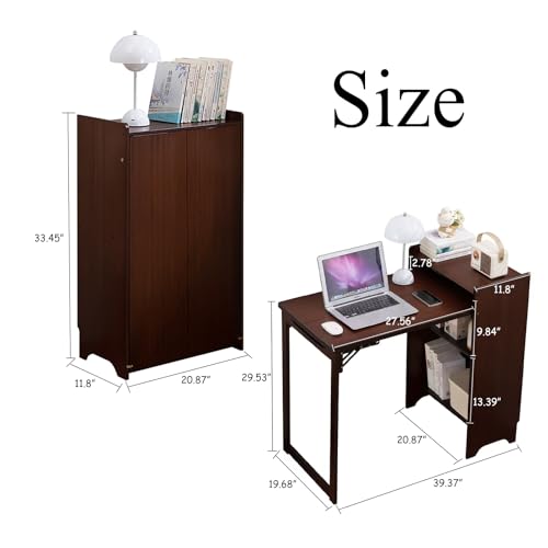 Folding Out Desk with Storage, Expandable Hidden Desk, Space-Saving Pull Out Murphy Table, Writing Table with Shelves and Mobile Wheels for Home Office, Bedroom Dorm Room Small Spaces (Walnut) - color: Walnut