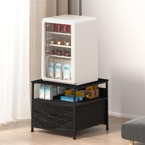 Unionly Mini Fridge Stand with drawer Storage,shelf & Power Outlet | 180lb Mini Fridge Table with Charging Station,Heavy duty small refrigerator shelf,Black end table for Living Room,Kitchen - color: Black