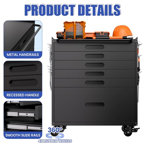 Metal Mobile Tool Storage Cabinet with 6 Drawers,Black Heavy Duty Rolling Tool Cabinets for Garage,Metal Storage Cabinets with Wheels,Assembly Required - color: Black, style: 6 drawers with wheels