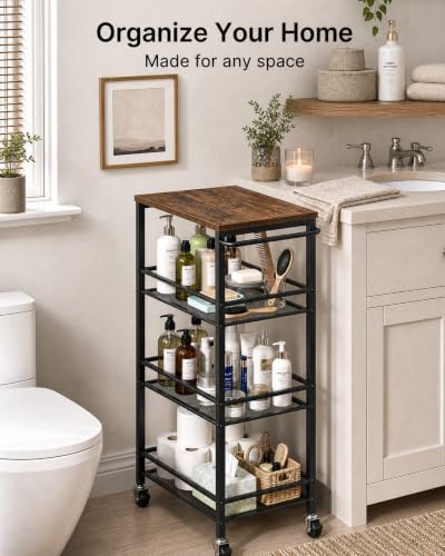 Pipishell Metal 4 Tier Laundry Storage Cart with Wheels, Handle & Wood Top | 10.83" Wide, Larger Storage Spaces, Rust-Resistant Steel, Ventilated Mesh, Anti-Fall Crossbars, 44 lbs Weight Capacity - size: 10.8 in