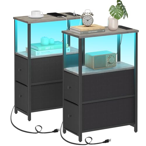 TUTOTAK Small Narrow LED End Table with Charging Station, Side Table Outlets, Nightstand with 2 Cloth Drawers, Set of 2, Couch Table, for Living Room, Bedroom, Bedside, Greige TB01BG056 - color: Greige, style: 2 Drawers with Plug & Light