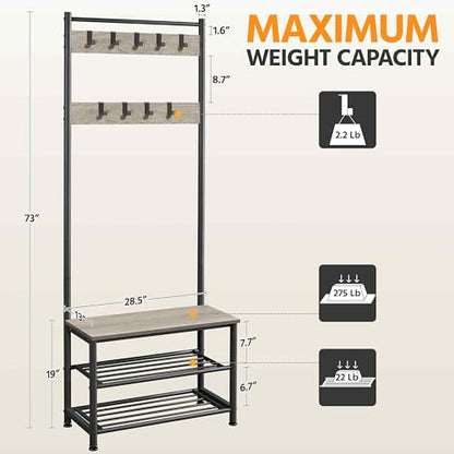 Yaheetech 3-in-1 Hall Tree Bench and Shoe Storage, Entryway Coat Rack, Gray | Easy setup, 275-lb metal-frame bench, 9 movable hooks, 2-tier shoe rack, fits narrow apartment entryways and hallways - color: Grey, size: 28.5'' W