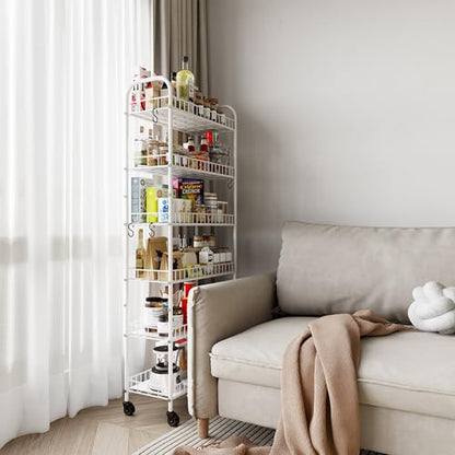 6 Tier Slim Rolling Storage Cart with Wheels, Metal Mobile Shelving Unit Organizer Utility Cart for Office Bathroom Kitchen Laundry Room Narrow Places (White 10 Inches) - size: White 10 Inches