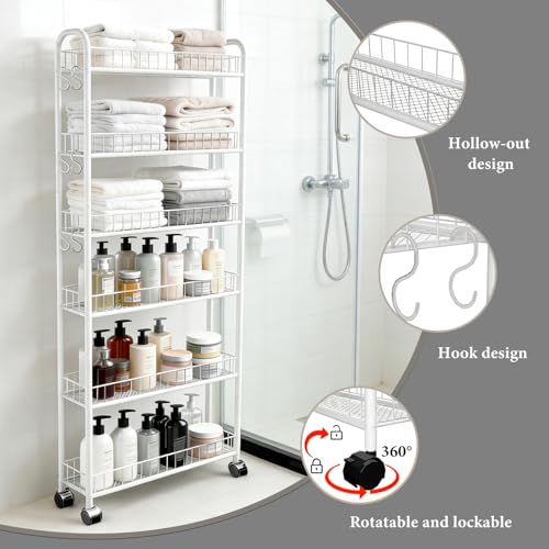 Slim Rolling Storage Cart with Wheels, 6in 6 Tier White | Narrow Space Shelving Unit, Metal Wire Mobile Organizer Rack for Kitchen Bathroom Office Laundry - size: 6in White Cart