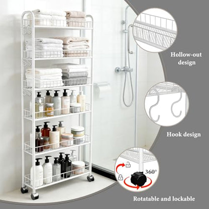 Slim Rolling Storage Cart with Wheels, 6in 6 Tier White | Narrow Space Shelving Unit, Metal Wire Mobile Organizer Rack for Kitchen Bathroom Office Laundry - size: 6in White Cart