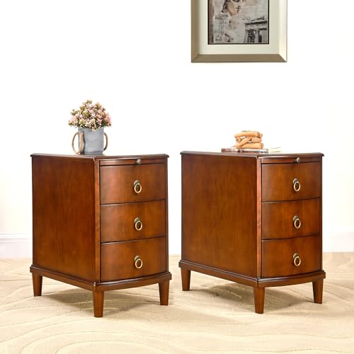 Narrow End Side Table Set of 2 with 3-Drawer and Pull-Out Tray, No-Tools Assembly Beside Table for Living Room, Slim Nightstand, Sofa Side Tables, 23”W x 22”L x 22.6”H Caramel Brown BG-A1569-MG - style: 2*End Table with 3 Drawers