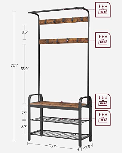 VASAGLE Coat Rack, Hall Tree with Shoe Bench for Entryway, Entryway Bench with Coat Rack, 4-in-1, with 9 Removable Hooks, a Hanging Rod, 13.3 x 33.1 x 72.1 Inches, Rustic Brown and Black UHSR400B01 - color: Rustic Brown + Black, size: 33.1"W