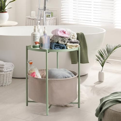 danpinera Round Side Table with Fabric Storage Basket, Small Coffee Table | Metal End Stand with Removable Serving Tray, Modern Nightstand for Small Space, Living Room, Bedroom, Nursery, Light Green - color: Light Green