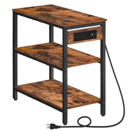 HOOBRO End Table with Charging Station, Side Table with 3 Tier Storage Shelf, Narrow Nightstand for Small Spaces, for Living Room, Bedroom, Easy Assembly, Rustic Brown and Black BF149UBZ01 - color: Rustic Brown + Black