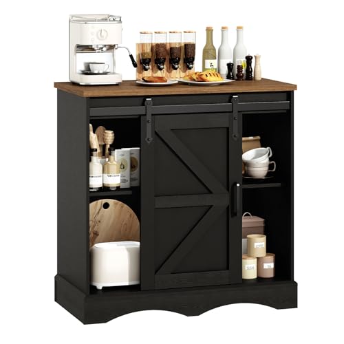 HOMFAMILIA 31.5" H Farmhouse Coffee Bar Cabinet w/Storage, White Kitchen Coffee Station with Sliding Barn Door, Rustic Buffet Cabinet with Adjustable Shelves, for Kitchen, Living Room, Black - color: Black
