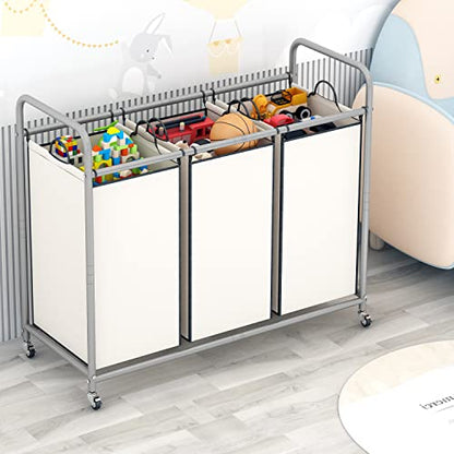 LINZINAR 3 Section Laundry Hamper, Beige Laundry Basket 135L Laundry Sorter | Laundry Room Organization with Heavy Duty Rolling Lockable Wheels and Removable Bag, Bedroom Laundry Cart for Clothes Storage - size: 3 Bags Beige