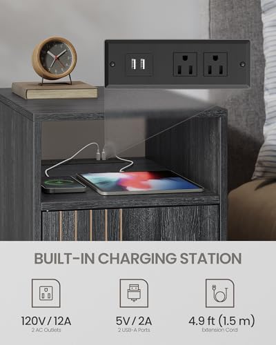 VASAGLE MAEZO Collection - End Table with Charging Station, Narrow Side Table, Nightstand with Tapered Legs, Curved Transitions, for Small Spaces, Bedroom, Charcoal Gray ULET329B101S - color: Charcoal Gray