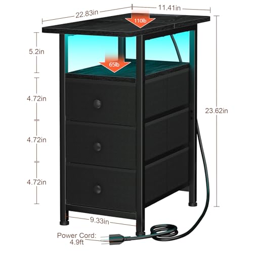 AMHANCIBLE Narrow End Table Living Room with Charging Station, Slim LED Nightstand with Fabric Drawers, Skinny Side Table for Bedroom, Small Spaces, Couch, Black, HETN013LBK-1 - color: Black, style: LED Light & Power