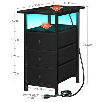 AMHANCIBLE Narrow End Table Living Room with Charging Station, Slim LED Nightstand with Fabric Drawers, Skinny Side Table for Bedroom, Small Spaces, Couch, Black, HETN013LBK-1 - color: Black, style: LED Light & Power