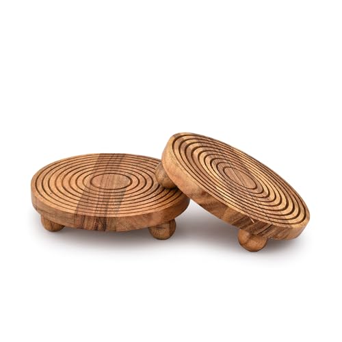 EDHAS Pedestals Acacia Wood Set of 2 Round Pedestal Riser Board for Display, Farmhouse Décor Displays Your Plant Bottles Candles for Your Home (6" X 6" X 1.5")