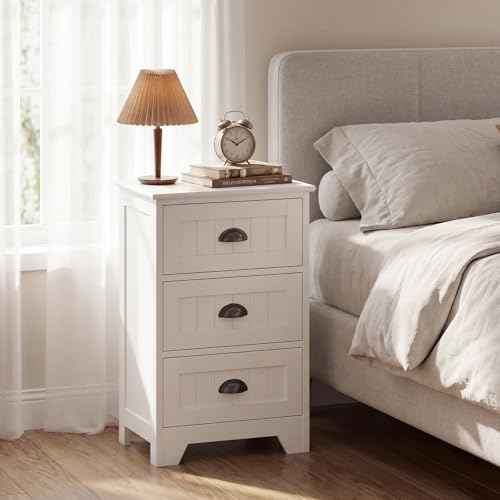 Giantex Nightstand with 3 Drawers, Bedside Table with Exquisite Metal Handles, Accent Table Sofa Side Table with Anti-toppling Device for Bedroom, Study, White - color: White