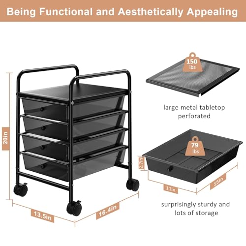 4-Tier Utility Cart with 4 Drawers, Rolling Utility Cart with 2 Lockable Caster Wheels, Multipurpose Mobile Rolling Drawer Cart for Office Bathroom Kitchen, Transparent Black - size: Black, 4-Tier