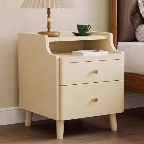 Nightstand with Drawers, Pre-Assembled, 19.7" H Natural Solid Wood Night Stand with Open Sliding Shelf, Mid Century Modern Small Bedside Table Cabinet for Bedroom, Cream 16" - color: Cream, size: 16"
