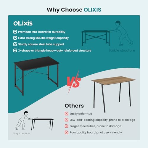 OLIXIS Home Office Computer Desk, Small Office 47-inch Writing and Study Desk, Bedroom Table with Metal Frame and Wooden Top, Compact Modern Study Table for Home Use, Black - color: Black, size: 47-In