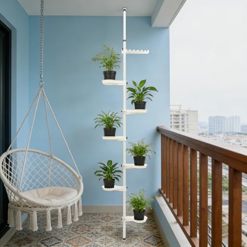 Plant Stand Indoor, 6-Tier Tension Rod Hanging Plant Stand Adjustable Flower Display Rack with 6 Trays Space Saver Corner Plant Poles Floral Pot Hanger Shelf for Displaying Flowers and Potted