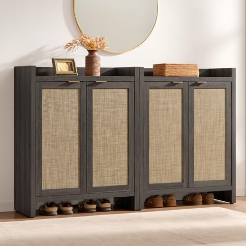 SICOTAS Shoe Cabinet Set of 2, Large Capacity Shoe Storage Organizer Cabinet, Tall Rattan Shoe Cabinet with Doors and Shelves, 6-Tier Farmhouse Boho Wooden Storage Cabinet for Entryway, Black Oak - color: Black Oak, size: 2 Pieces