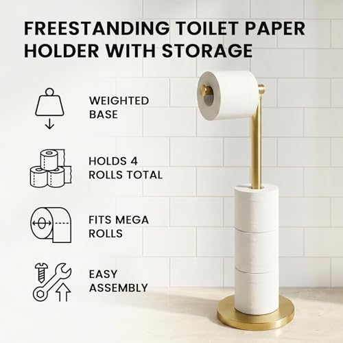 Cesun Extra Weighted Base Toilet Paper Holder Stand - SUS304 Rust Proof Free Standing Tissue Roll Holder for 4 Rolls, No Tipping, No Slipping, Gold - color: Gold