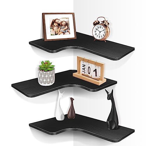 Homode Corner Shelves Wall Mounted, Set of 3 Floating Corner Shelves with Cord Hole, 3 Tier Wooden Hanging Display Shelf for Bathroom Kitchen Living Room, Black - color: Black